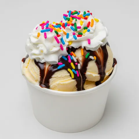 vanilla ice cream sundae with whipped cream and chocolate sauce in a white paper cup