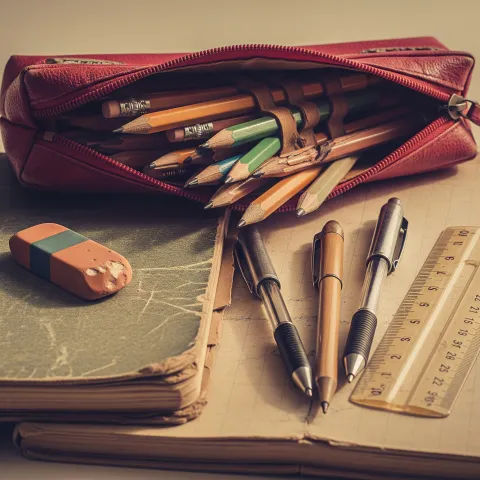 used pencils, eraser, ruler and notebook