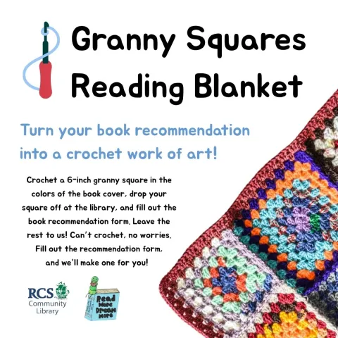 Crocheted granny square with program discription of our reading reccomendation project. 