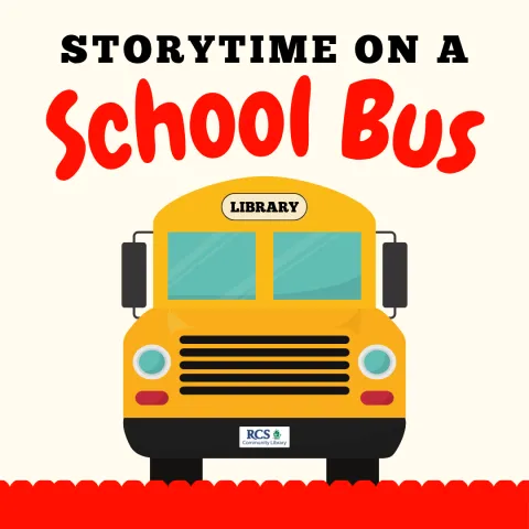 Storytime on a school bus logo. 