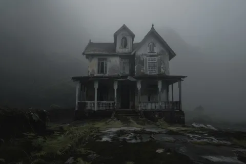 spooky haunted looking house in the fog