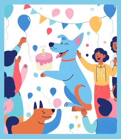 Blue dog celebrating with birthday cake