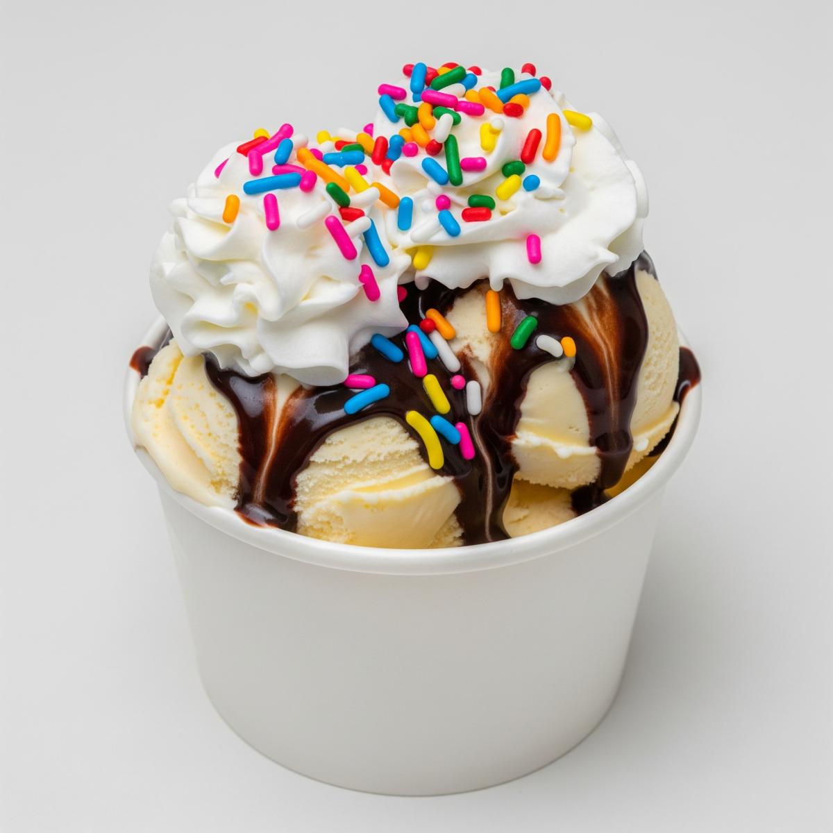 vanilla ice cream sundae with whipped cream and chocolate sauce in a white paper cup