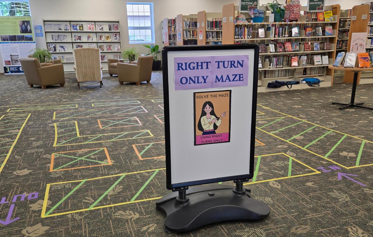photo of the maze pattern taped out on the floor at the library