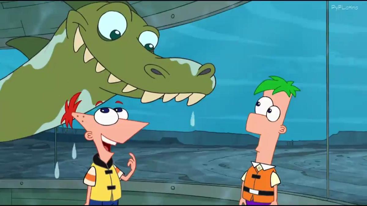 Phineas & Ferb stand with the Lake Nose Monster
