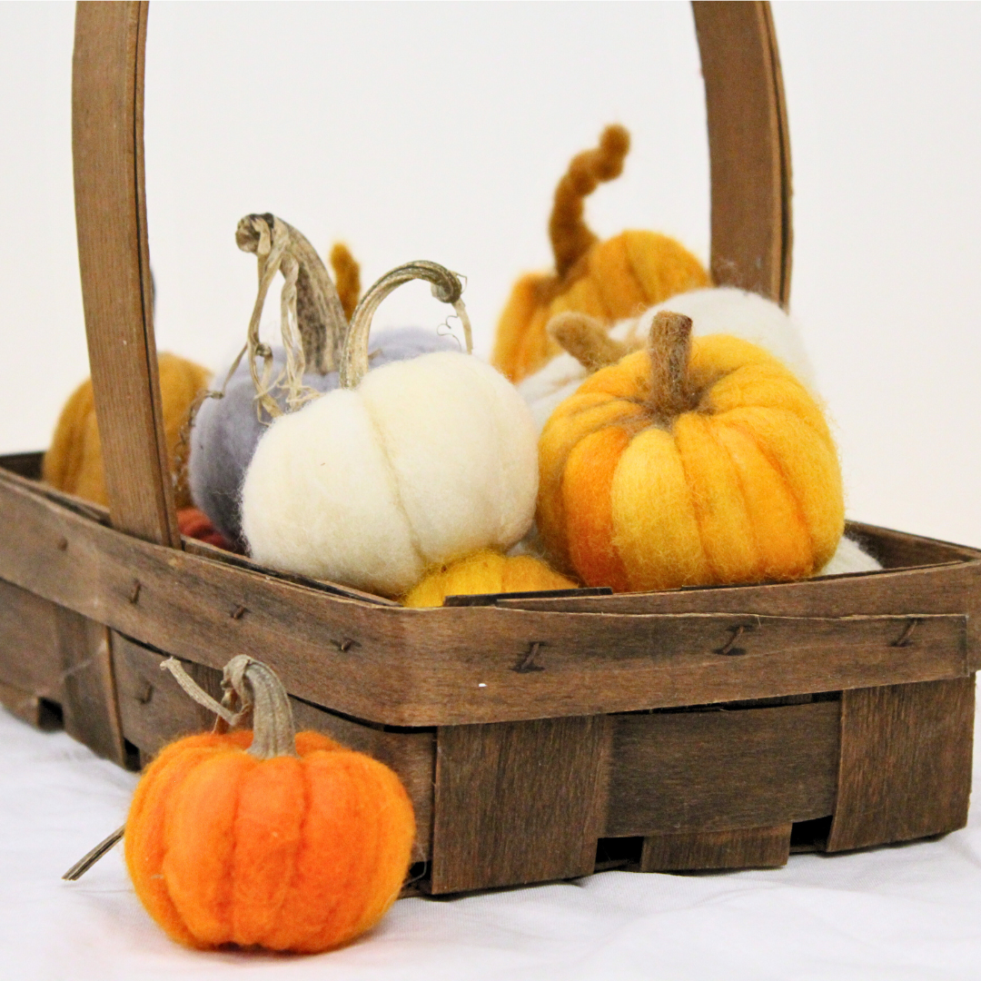 Basket of needle felted pumpkins