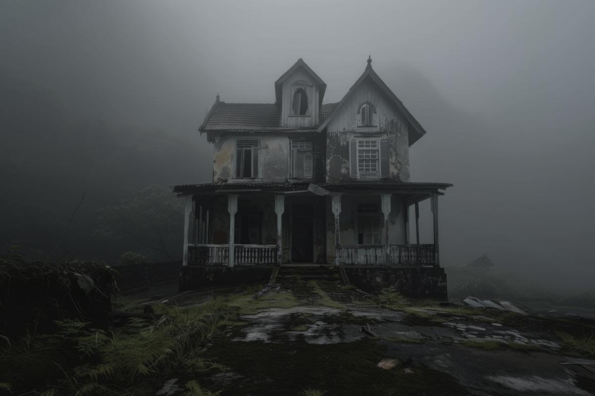 spooky haunted looking house in the fog